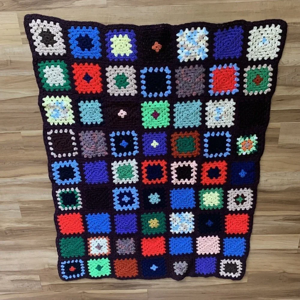 Granny Square Dark Brown Afghan Crochet Throw Blanket 45” x 58” Vintage